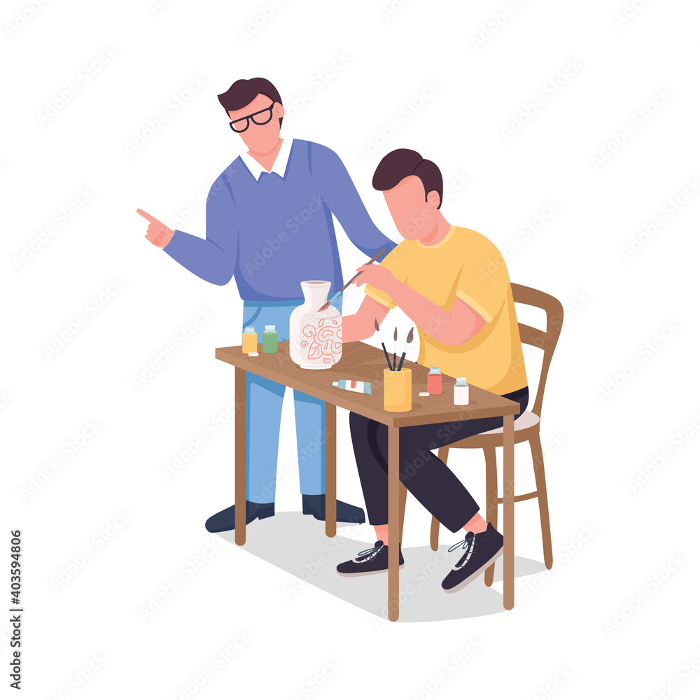 Poster man paints pottery flat color vector faceless character. creating unique pots. making thinks from cl
