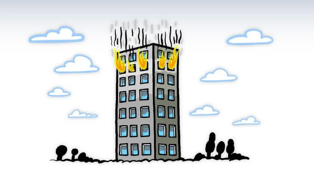 Block burning. Cartoon fire flame animation on white background. Safety or ensurance business subject. Seamless loop. Alpha channel included.