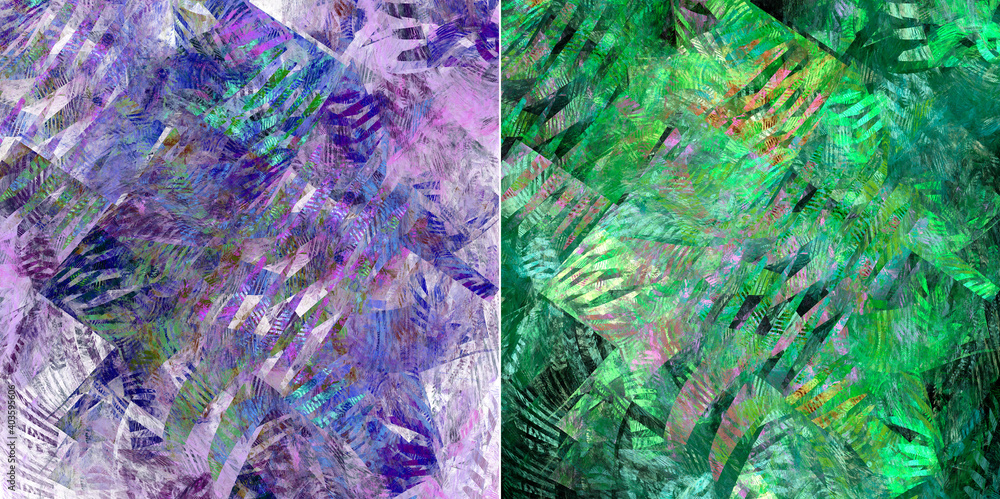 Poster collection of colorful abstract fractal purple and green backgrounds with geometric shapes. 3d rende