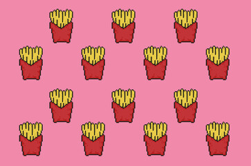 Pixel art isolation on pink background. Fried potatoes. Food illustration. Food pattern.