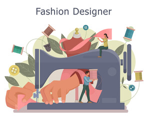 Fashion designer concept. Dressmaker working on sewing machine. Tiny tailor masters sewing clothes and working with a mannequin. Flat style vector illustration