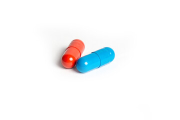 Macro of medicine capsules on white background