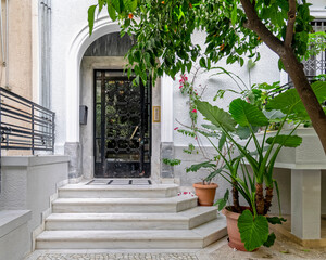 Fototapeta na wymiar classic design residential building main entrance with marble stairs, arched door and potted plants