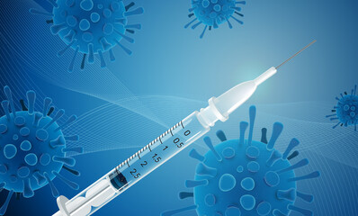 Covid 19 vaccine curing coronavirus - Science illustration design blue banner