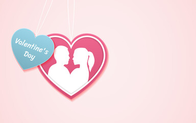 Valentine's day and silhouette kissing couple in heart shape paper cut on pink color background