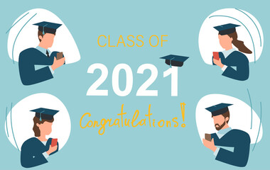 Class of 2021 year prepare for virtual graduation ceremonies. Graduate digitally. Congratulation. Students in academic cap. Graduates using mobile smartphone for reposting images and graduation text.