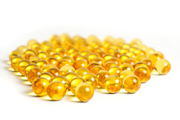 Cod liver oil omega 3 gel capsules isolated on white background