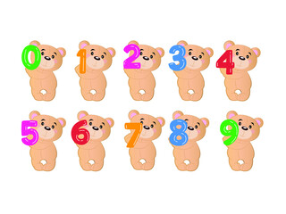 Kids Colored Cartoon Numbers Set. Vector set of 1-9 digit Baby bear icons. school kids Mathematical Symbols. Happy birthday Number Teddy sign
