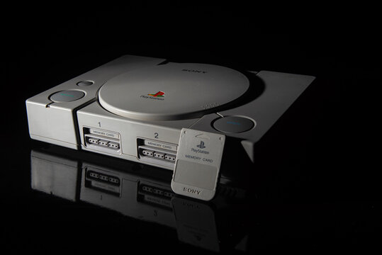 Araras, S&atilde;o Paulo, Brazil 20 de Agosto de 2020: Playstation one console and memory card, with black background and selective focus