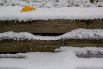 A yellow maple leaf lies on the first snow in late autumn. concept background