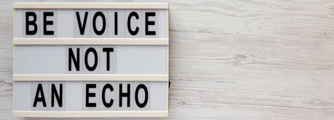 'Be voice not an echo' on a lightbox on a white wooden background, top view. Flat lay, overhead, from above. Space for text.