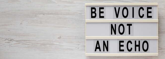 'Be voice not an echo' on a lightbox on a white wooden background, top view. Flat lay, overhead,...