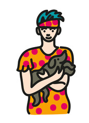 Woman holding dog.
Young blond woman holding her dog on white background.