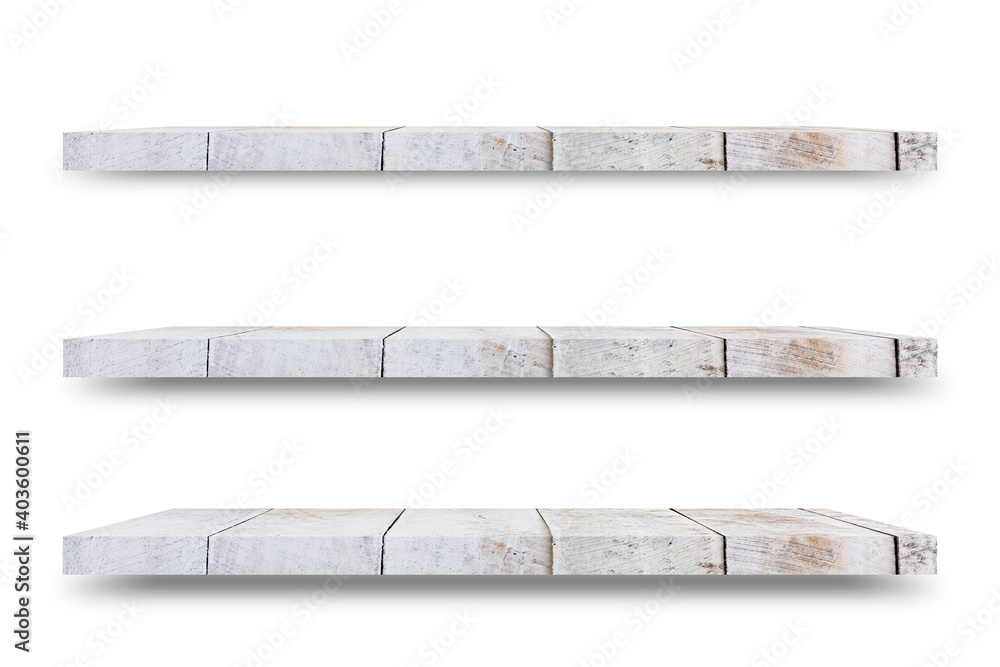 Aufkleber Shelf wooden isolated on a white background and display montage for the product Embed Clipping Path separate with black shadows.
