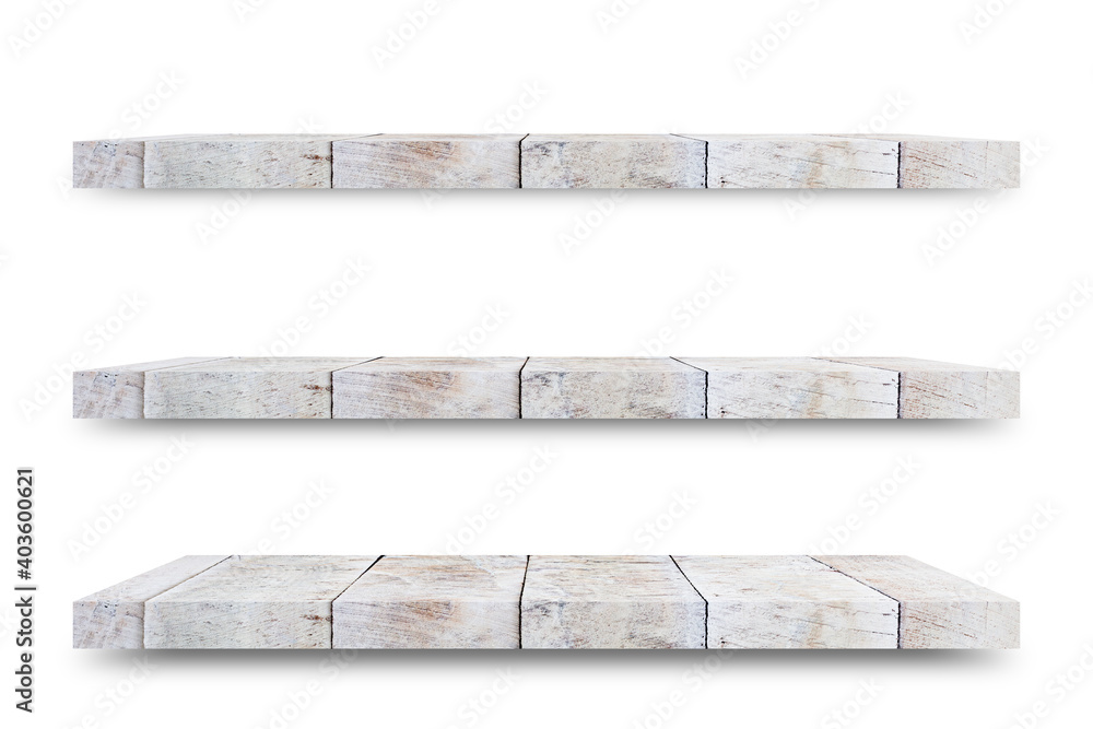 Aufkleber Shelf wooden isolated on a white background and display montage for the product Embed Clipping Path separate with black shadows.