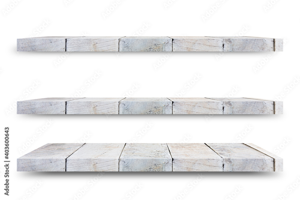 Aufkleber Shelf wooden isolated on a white background and display montage for the product Embed Clipping Path separate with black shadows.