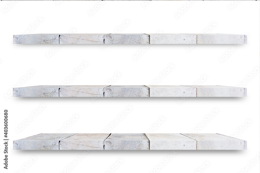 Poster Shelf wooden isolated on a white background and display montage for the product Embed Clipping Path separate with black shadows.