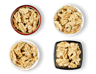 Peeled walnut kernels in a bowl. Isolated on a white background. Set