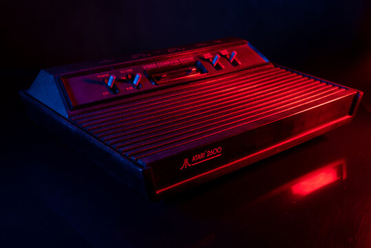 Araras, S&atilde;o Paulo, Brazil. November 18, 2020. Old video console and accessories with colored lights, selective focus.