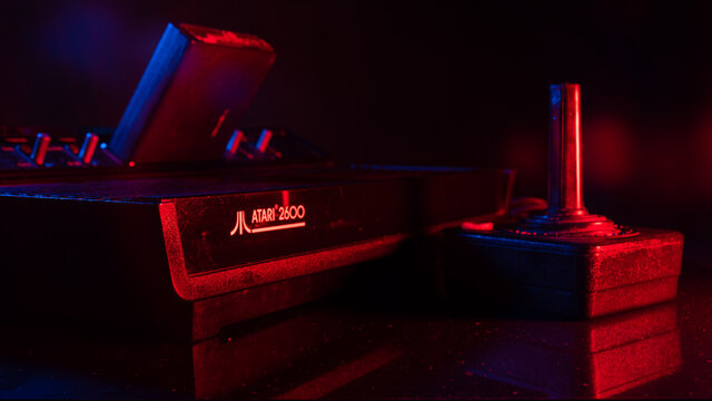 Araras, S&atilde;o Paulo, Brazil. November 18, 2020. Old video console and accessories with colored lights, selective focus.
