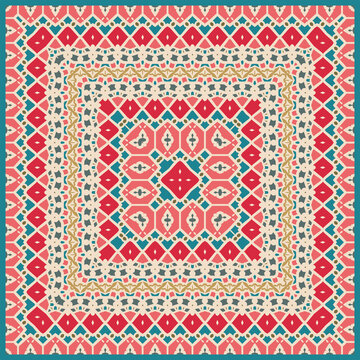 Abstract geometric seamless pattern in beige red blue .Vector. Use this pattern in the design of carpet, shawl, pillow, textile, ceramic tiles, surface. Ribbons.