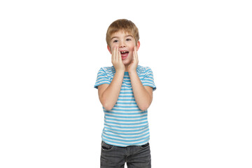 Little surprised boy in striped clothes emotionally closes his mouth with his palms isolated on a white background.