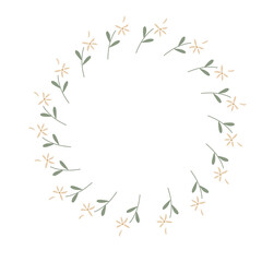 Hand draw vector flower wreath with chamomile and petals. For invitation and wedding card.Vector illustration design. Isolated white background.