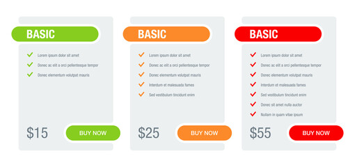 Tariff comparsion table block web chart template 
