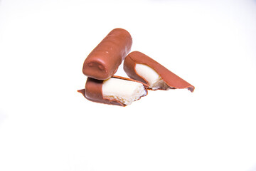 Curd cheese in chocolate glaze, broken in half sweet dessert. food background side view, copy space for text, close-up