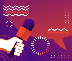 Hand holding microphone, Media interview, bubble