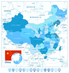 Fototapeta premium China Map and Map Pointers in Colors of Blue