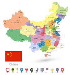 China Political Map Isolated on White and Flat Map Markers