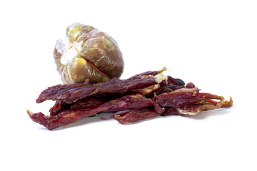 Dried meat laid isolated on white background.