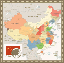 China Political Map. Retro Color