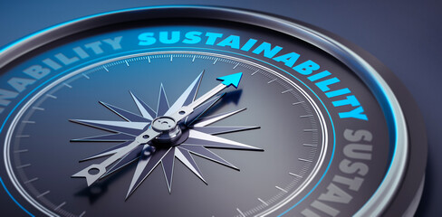 Dark compass with needle pointing to the word sustainability - 3D Illustration