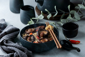 asian noodles soup with Shiitake, hot spicy soup