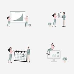 Business planning, meeting, teamwork, report, data analyzing. Flat vector illustration.
