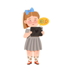 Cute Girl Holding Tablet PC and Speaking via Video Call Vector Illustration