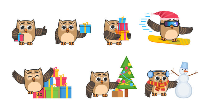 Cute owl characters in winter Christmas set. Cheerful owl holding gift box, decorating Christmas tree, riding snowboard and showing other actions. Modern vector illustration