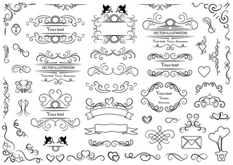 Calligraphic design elements . Decorative swirls and scrolls, vintage frames , flourishes, labels and dividers. Valentine's day special pack design elements. Retro vector illustration..
