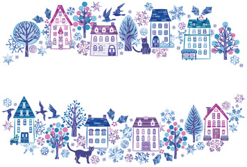 冬の雪の街並みや家　横フレーム