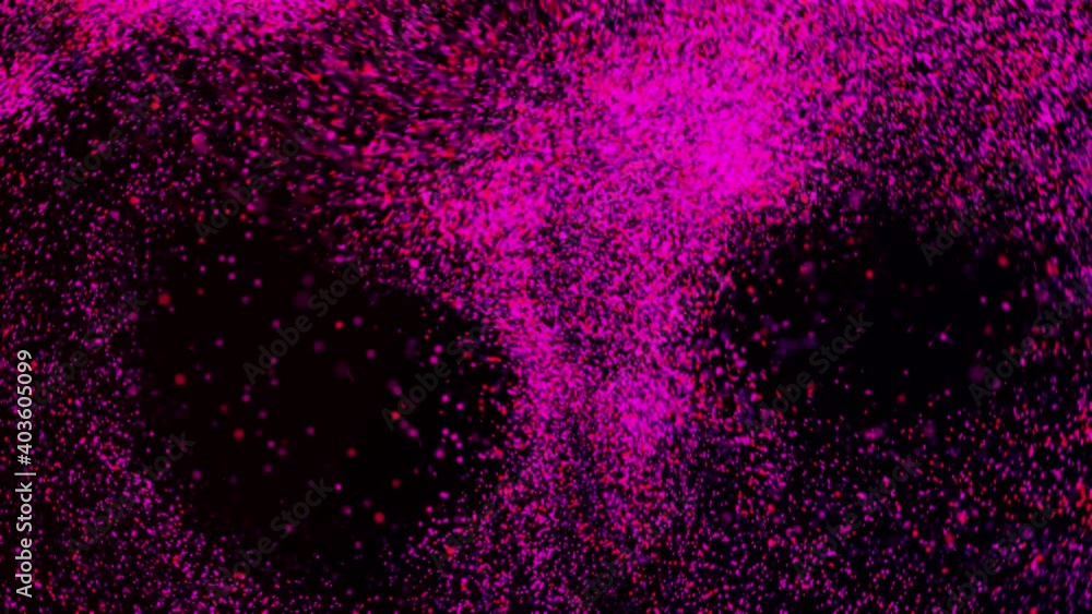 Poster motion background made of shining dark pink particles on black background. animation. sand dust gath