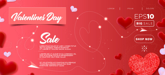Fototapeta na wymiar Valentine day sale banner background. Red hearts. Cute love banner or Valentines greeting card. Vector illustration.