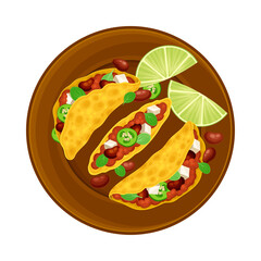Taco as Wheat Tortilla with Forced Meat and Beans on Plate as Traditional Mexican Dish Vector Illustration