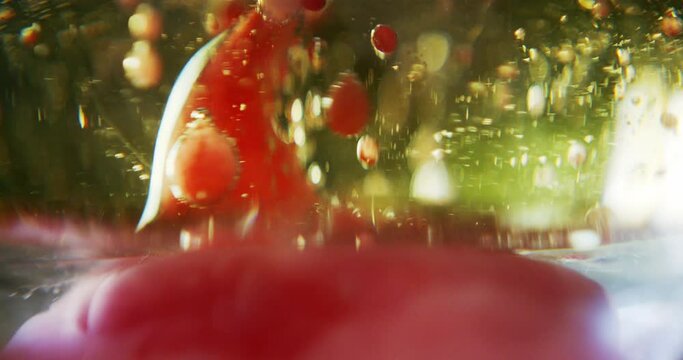 Fantastic structure of golden bubbles. Scientific experiment, chemical reactions. Chaotic motion, bubble flow expansion, curlicue of paints. Psychedelic liquid light show, ink patterns in water oil