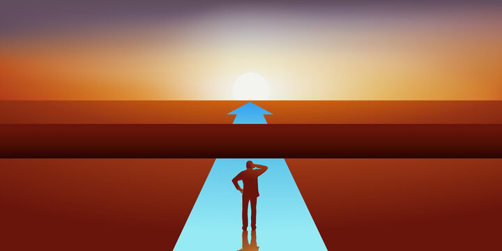 Concept de l&rsquo;obstacle qui entrave la progression d&rsquo;un homme dans sa carri&egrave;re professionnelle, avec une crevasse qu&rsquo;il doit franchir pour poursuivre sa voie.