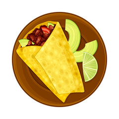 Burrito with Flour Tortilla Filled with Savory Filling of Cooked Beans as Traditional Mexican Dish Vector Illustration