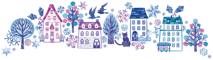 冬の雪の街並みや家　横フレーム