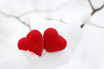 Valentine hearts in winter forest, cold weather. Two red knitted hearts on snow covered branch, symbol of romantic love, background for holiday
