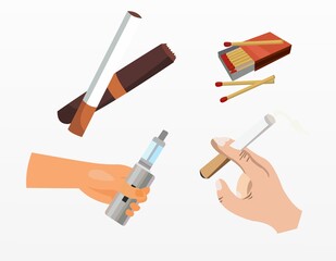Vector of cigarettes, matches, a hand holding e-cigar and a cigarette